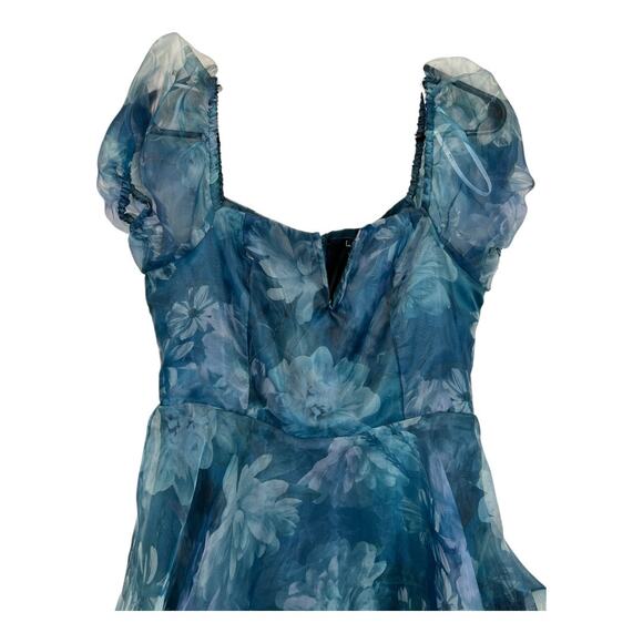 Lulu's Lulus Darling Vision Teal Floral Organza Puff Sleeve Tiered Midi Dress M - Picture 5 of 16
